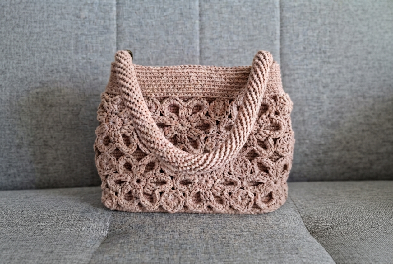 Bolsa de crochê rosa claro com padrão floral e duas alças trançadas