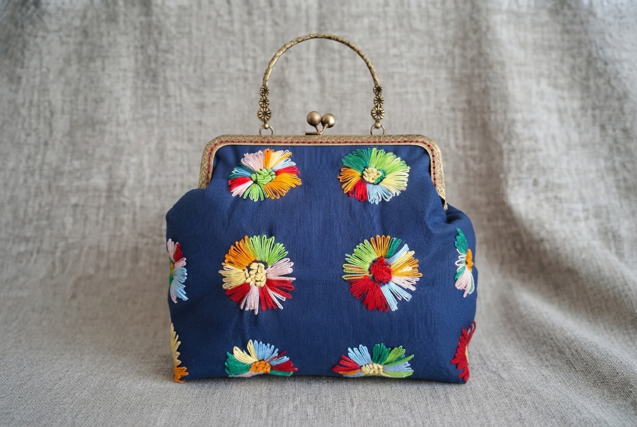 Bolsa de mão azul marinho com bordado floral colorido e alça de metal
