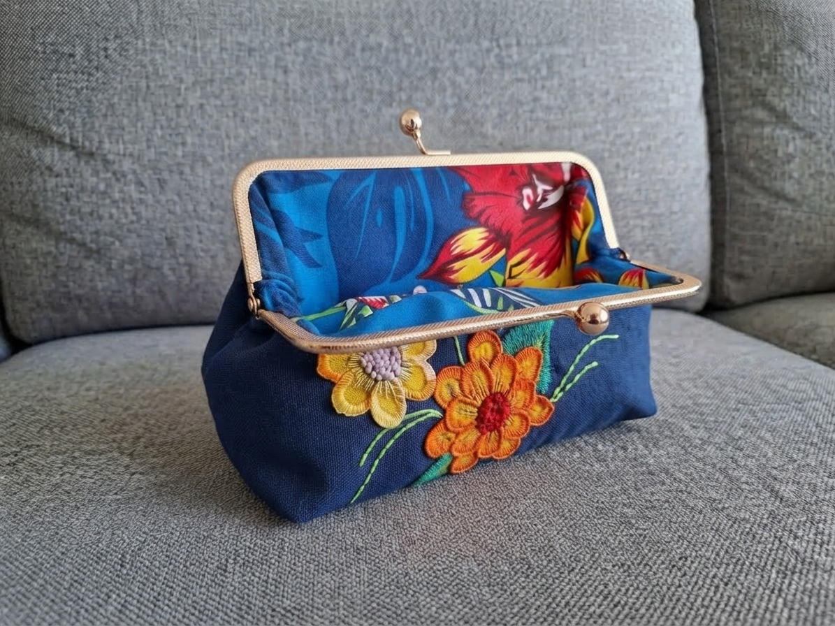 Interior da bolsa com forro estampado floral tropical