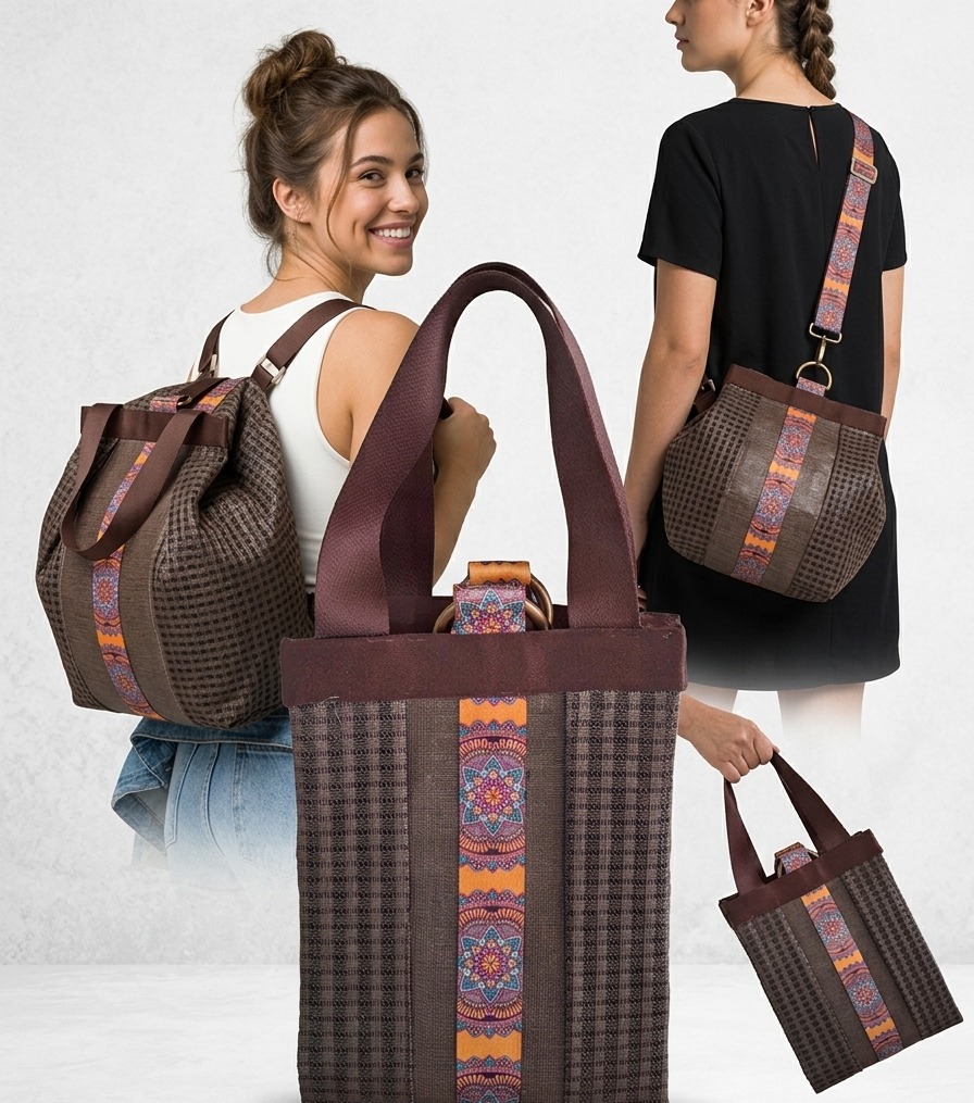 Modelo versátil em tecido xadrez com detalhe mandala, nas versões mochila, transversal e tote