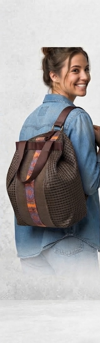 Bolsa usada como mochila, com alças ajustáveis e detalhe estampado